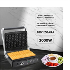 Resim King Waffle Master KWM1462 Tost ve Waffle Makinesi 2000 W Granit Plaka Inox Renk 