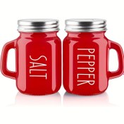 Resim 2'li Kırmızı Cam Tuz ve Biberlik Seti, Paslanmaz Çelik Kapaklı, 4oz, Ev, Barbekü, Biftek, Kahvaltı, Çorba İçin Dekoratif Baharat Dispenseri - Desenli Mutfak Aksesuarları 