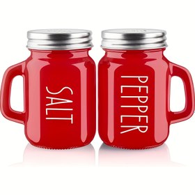 Resim 2'li Kırmızı Cam Tuz ve Biberlik Seti, Paslanmaz Çelik Kapaklı, 4oz, Ev, Barbekü, Biftek, Kahvaltı, Çorba İçin Dekoratif Baharat Dispenseri - Desenli Mutfak Aksesuarları 