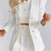 Resim LUDOMI Kadınlar için Şık Beyaz Rahat Blazer ve Etek Takımı - Düz Renk, Yaka Yaka, Düğme Detaylı Uzun Kollu Blazer, Yüksek Bel Etek, Sonbahar/Kış İşe Giderken Mükemmel, Kış İş Giyimi | Klasik Yaka Blazer | Düzenli Fit Etek 