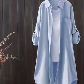 Resim Kadınların Rahat Gevşek Büyük Boy Orta Boy Gömlek, Kısa Yaka, Düğme Detaylı, Polyester %95 Spandex %5, Dokuma Kumaş, İlkbahar/Yaz Artı Boyu Üst 