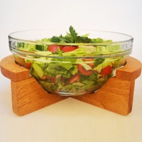 Resim Ahşap Kayın Ağacı Standlı Cam Salata Kasesi 