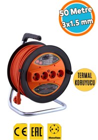 Resim NZB Makaralı Uzatma Kablosu CCA 3x1.5 mm 50 Metre Plastik Seyyar 4 Prizli Monofaze Termal Sigortalı 