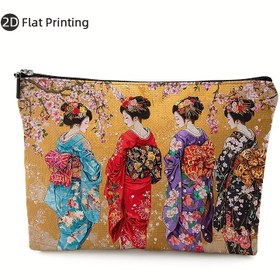 Resim 1 Adet Japon Geisha Makyaj Çantası - Canlı Renkli Kimono & Kiraz Çiçeği Desenli, Dayanıklı Fermuarlı, Makinede Yıkanabilir Katlanabilir Hafif Seyahat Tuvalet Organizatörü, Kadınlar ve Öğrenciler İçin Günlük Gereçler Çantası, Geleneksel Zarafet, Düz Baskı Tasarım, 2D Düz 