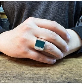 Resim Gümüş Yeşil Akik Taşlı Sade Tasarım Erkek Yüzük 