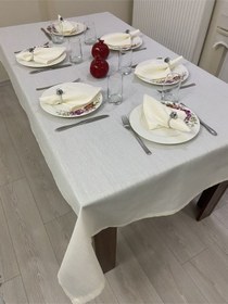 Resim Keten Görünümlü Simli Masa Örtüsü Bej 25 Parça Set 