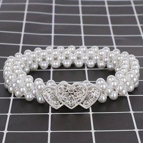 Resim Kalp Toka Sahte İnci Kemer Taşlı Dekor Elastik Bel Bandı Zarif Dekoratif Elbise Kemer 