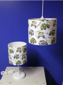 Resim TEKAY AYDINLATMA Araba Çocuk Odası Genç Odası Avize Abajur Seti Beyaz Metal Ayaklı Pvc Başlık 