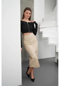 Resim Biçomi Yırtmaçlı Uzun Deri Etek Bej Bej 