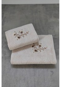 Resim 2'li Nakışlı Bambu Banyo Havlu Seti-tivoli Lisette Cappuccino 