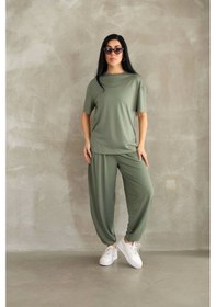 Resim Osy Modal Yumuşak Dokulu Kumaş Oversize Bisiklet Yaka T-shirt Jogger Eşofman Altı Eşofman Takımı - H Haki 