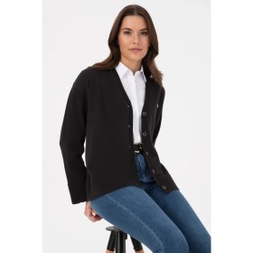 Resim U.S. Polo Assn. Kadın Siyah Hırka (Triko) %100 Pamuk Regular Fit Tek Cepli Trend Stil 