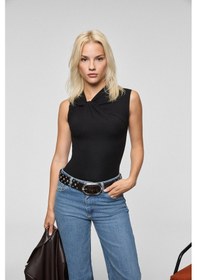Resim Grimelange Orılenna Kadın Önü Düğüm Detaylı Vücudu Saran Sıfır Kollu Slim Fit Siyah Bluz Siyah 