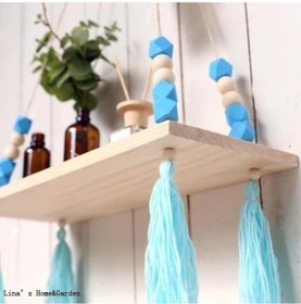 Resim Dekoratif Mavi Püsküllü Boncuklu Çocuk Odası Ahşap Duvar Rafı 