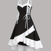 Resim Kadınlar için Omuzdan Askılı Ruched Elbise - Yüksek-Düşük Etek, Beyaz ve Mavi Kontrast, Bahar/Yaz/Sonbahar için Rahat A-Line Midi Elbise, Çok Yönlü Moda, Şeffaf Olmayan Kumaş 