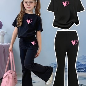 Resim 2 Adet Kız Çocukları için 8-12 Yaş Geniş Paça Jumper Pantolon & Tunik Üst Takım - Yüksek Bel Zil-Paça Pantolon, Şort Kol Tunic, Esnek Belli ve Uzun Boy, İlkbahar/Yaz Günlük Giyim Dans Pratiği üzere Rahat Kıyafet, İnce Detaylı (Pembe Kalp) Ve Düz Siyah Renkli - Temizlemesi kolay tunik takımı, 8-12 ile genç çocuk kızların giysileri, ön yakalı düşen omuz tasarımı elde ya da kuru temizleme uygundur 