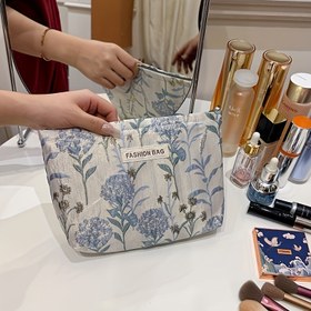 Resim Seyahat için Çiçek Desenli Tuvalet Çantası - Hafif, Taşınabilir Makyaj Çantası Fermuarlı Kapatma, Dayanıklı Polyester Kozmetik Çantası Elde Yıkanabilir Kumaş, Büyüleyici Tatil Stili - Beyaz Üzerinde Mavi Çiçekler 