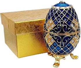 Resim Faberge Yumurta Taşlı Lüks Mücevher Kutusu Mavi 10cm 