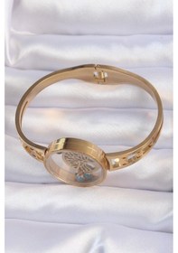 Resim 316l Çelik Altın Renk İçi Yaşam Ağacı Ve Nazar Boncuk Figürlü Açılabilir Fanus Kelepçe-24335 Çok Renkli 