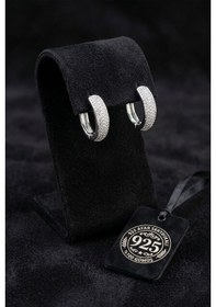 Resim 925 Ayar Gümüş Rodyum Renk Zirkon Taşlı Oval Formlu Üç Sıra Huggie Halka Küpe - Küçük 