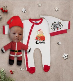 Resim Bk Gift Kişiye Özel Yılbaşı Temalı Tulum Zıbın Kukuletalı Şapka Ve Bebek Yastık Hediye Seti-3 Çok Renkli 