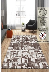 Resim Raschel Carpet Geometrik Desenli Kahverengi Kaymaz Taban Kalın Peluş Halı - Yolluk 