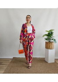 Resim İpli Fuşya Renk Etnik Desenli Viskon Kumaş Kimono Takım Fuşya 