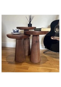 Resim Wooden 3 Lü Set Fitilli Mantar Yan Sehpa Modern Ceviz Renk Fiskos 