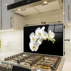 Resim Decorita Siyah Fon Beyaz Orkide | Cam Ocak Arkası Koruyucu | 49,5cm x 76cm 