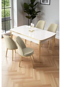 Resim Canisa Nira Serisi 70x114 Mdf Açılabilir Beyaz Mutfak Masa Takımı 4 Krem Sandalye Gold Detay Beyaz Masa Krem Sandalye Ayaklar Gold 