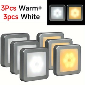 Resim 6 Adet Hareket Sensörlü LED Akıllı Gece Lambası Seti, 3m Algılama Menzili, 15s Otomatik Kapanma, Beyaz/Sıcak Işık Seçenekleri, Çift Taraflı Yapışkanlı Montaj, Banyo/Merdiven/Dolap/Yatak Odası/Koridor/Mutfak için Uygun, Pil ile Çalışır (AAA Piller Dahil Değildir), Ev Yenileme İçin Temel Dekoratif Aydınlatma 