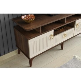 Resim 110 CM MDF MEBRAN KAPAK RAFLI TV SEHPASI BAROK CEVİZ - KREM 