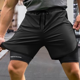 Resim Erkekler için Yazlık 2'si 1 Arada Atletik Şortlar - Lacivert, Esnek İpli Bel & İç Katman, Hızlı Kuruyan Polyester Karışımı, Spor Salonu, Koşu & Dış Aktiviteler için Mükemmel 