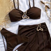 Resim Kadınlar için Düzensiz Metal Dekorlu Etek Stili İki Parçalı Bandeau Bikini Plaj ve Spa Mayo Takımı 