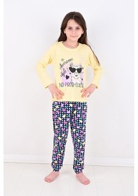 Resim Uzun Kollu Kız Çocuk Pijama Takımı No Prob Lama Sarı 