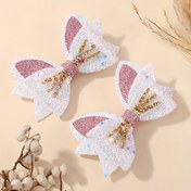 Resim 2'li Paket Kızlar İçin Kalp ve Fiyonk Desenli Çivit Saç Tokaları - Pastel Pembe & Beyaz Parlak Lastikler, Altın/Mor/Pembe Detaylı Şeffaf Simli Fi 