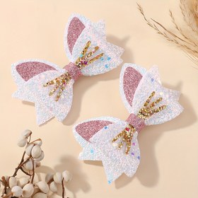 Resim 2'li Paket Kızlar İçin Kalp ve Fiyonk Desenli Çivit Saç Tokaları - Pastel Pembe & Beyaz Parlak Lastikler, Altın/Mor/Pembe Detaylı Şeffaf Simli Fi 