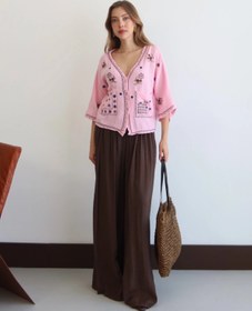 Resim Lusin Kadın Pembe Etnik Nakış İşlemeli Cep Detaylı Düğmeli Yazlık Bohem Müslin Gömlek Kimono 