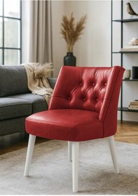 Resim Waterybrook Berjer Sandalye - Kapitoneli Suni Deri - Beyaz Ahşap Ayaklı - Retro Modern Tasarım Kırmızı 