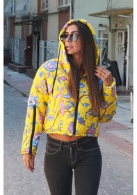 Resim Keyifli Moda Kadın Sarı Çiçekli Kapüşonlu Kolları Fermuarlı Kısa Şişme Mont - L - Xl Sarı 