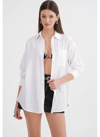 Resim Mixray 4670 Kadın Cepli Oversize Basic Keten Gömlek Beyaz 