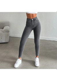 Resim Yüksek Bel Gri Skinny Jean Pantolon Gri 