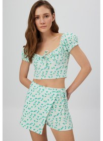Resim Çi̇çekli̇ Balon Kol Crop Top Açik Mavi̇ Açık Mavi 