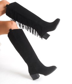 Resim LDR Kadın Siyah Süet Western Topuklu Püsküllü Uzun Çizme 