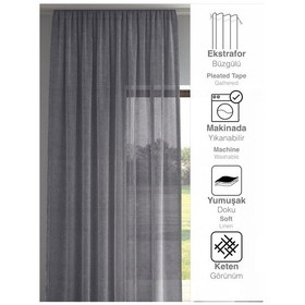Resim Koyu Gri Renk Keten Görünümlü Düz Tül Perde Ütü Istemez Koyu Gri 