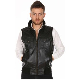 Resim Deriwork Hakiki Deri Siyah Jack Beli Lastikli Erkek Deri Yelek Siyah 