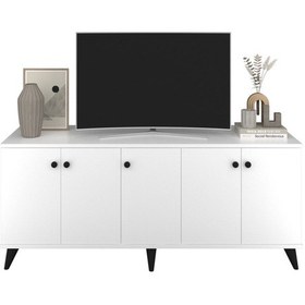 Resim Simple Tv Ünitesi 3 Raflı 5 Kapaklı 150x44x64 Beyaz Beyaz 