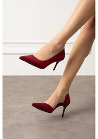 Resim Shoetek Rva Kadın Stiletto İnce Topuklu Yandan Açık Bordo Saten Bordo 