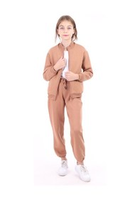 Resim Toontoy Kız Çocuk Kahverengi Dik Yaka Fermuarlı Düşük Omuz Örme Hırka - 2 İplik Şardonlu Kahverengi 