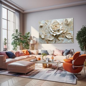 Resim Kremli Çiçek Kelebekler - 90x60 